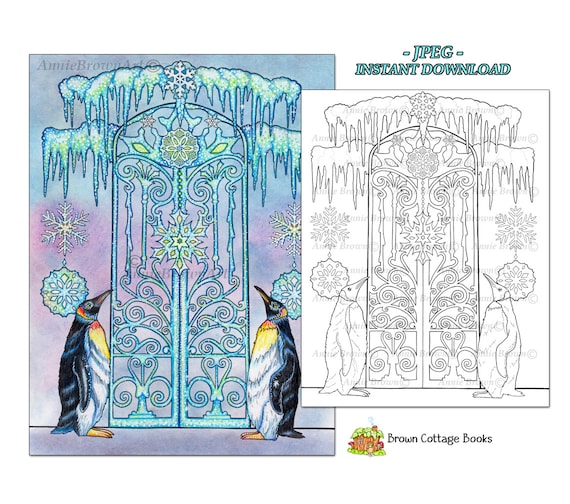 Penguins coloring page fantasy art printable download line