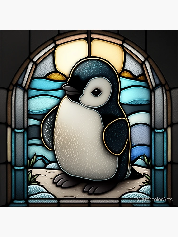 Baby penguin stained glass design sticker for sale by watercolorarts