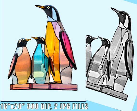 Penguin family stained glass pattern print download digital