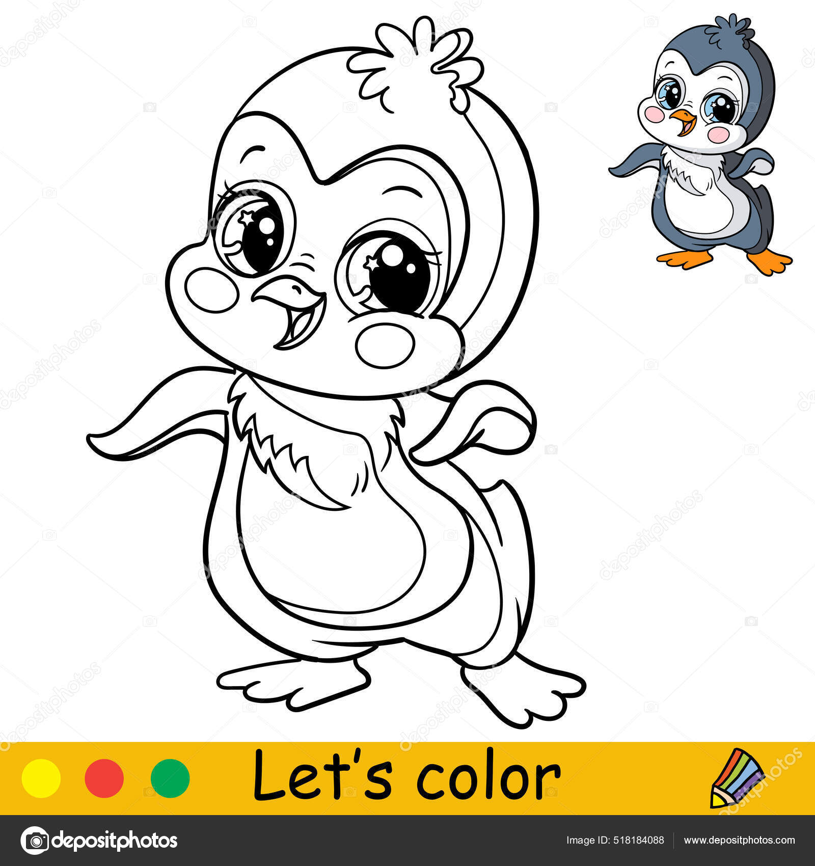 Cute happy dancing penguin coloring book page colorful template kids stock vector by alinart