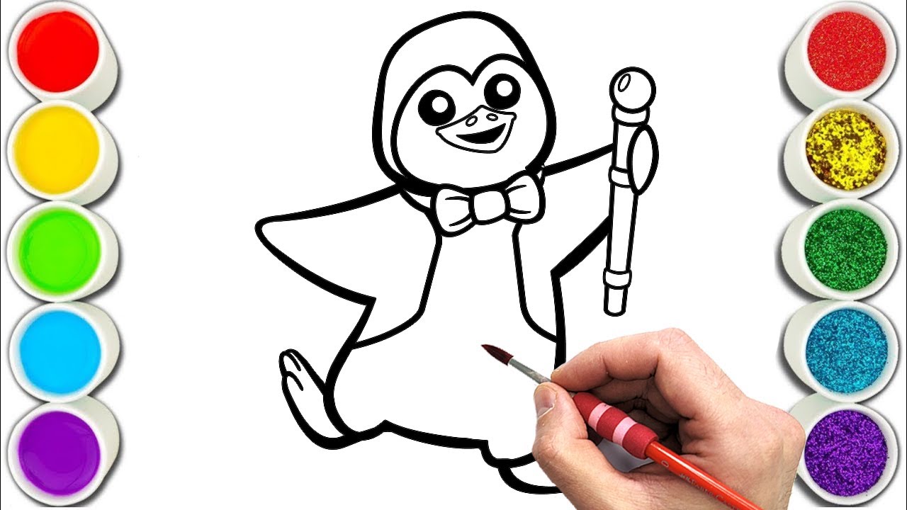 Funny penguin with bow tie drawing painting coloring for kids and toddlers child art