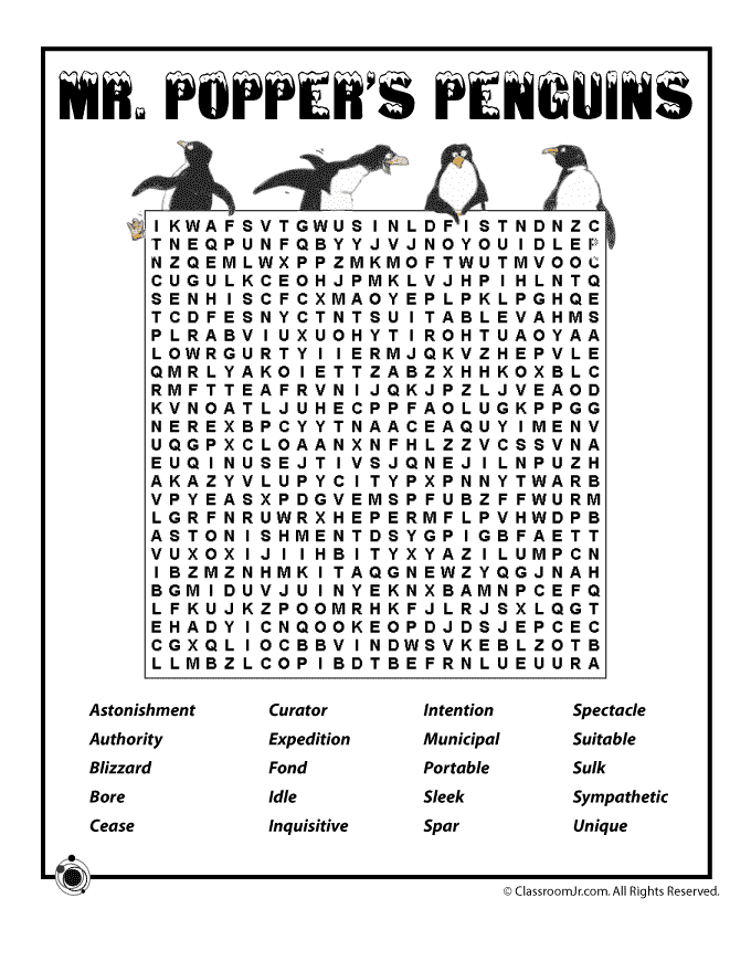 Mr poppers penguins word search activity woo jr kids activities childrens publishing penguins mr popper mr poppers penguins