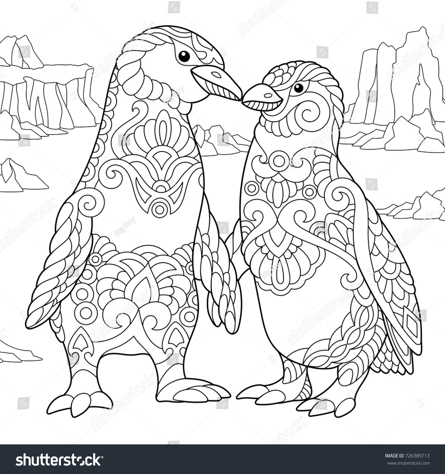 Coloring page emperor penguins couple love stock vector royalty free