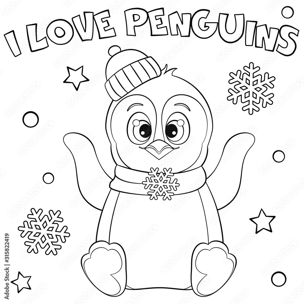 Coloring page cute penguin in hat and scarf lettering i love penguins black and white vector illustration perfect for antistress coloring books vector