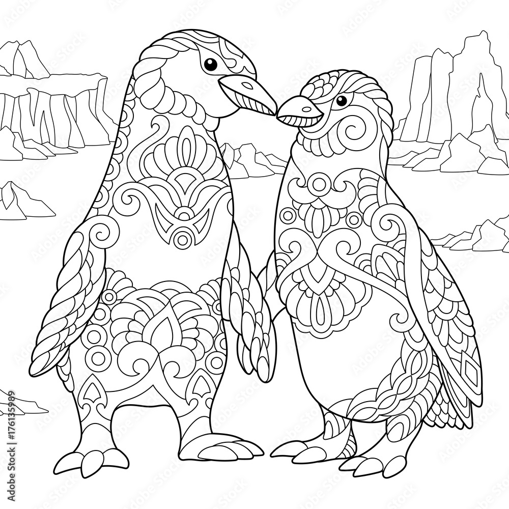 Coloring page of emperor penguins couple in love freehand sketch drawing for adult antistress coloring book in zentangle style vector