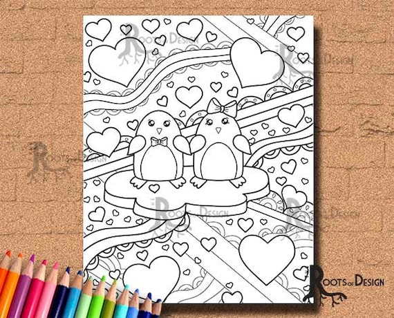 Instant download cute penguin love page print doodle art printable