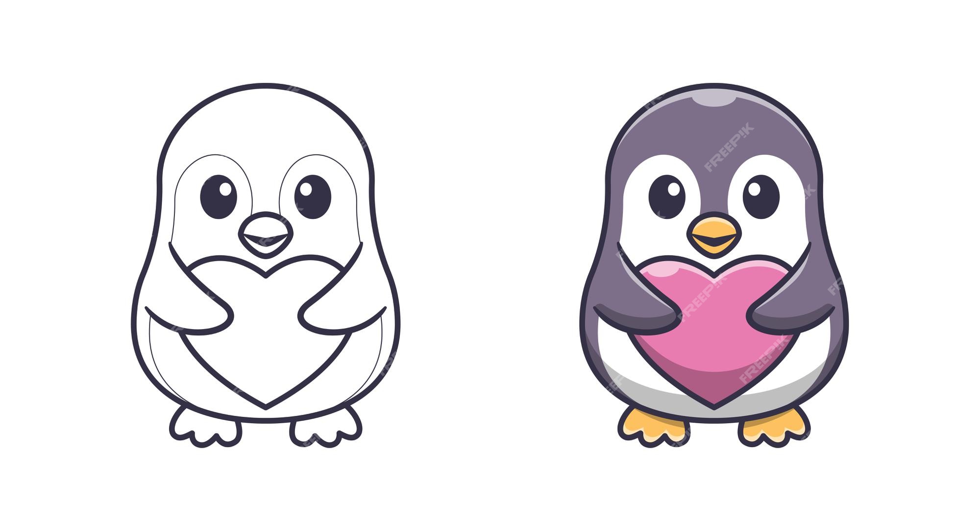 Premium vector cute penguin holding love cartoon coloring pages for kids