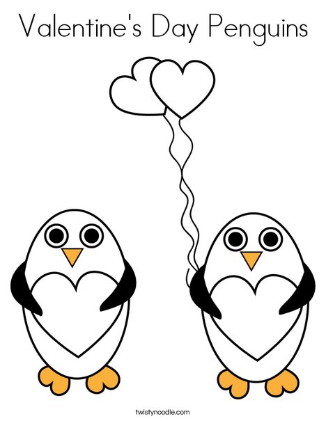 Valentines day penguins coloring page