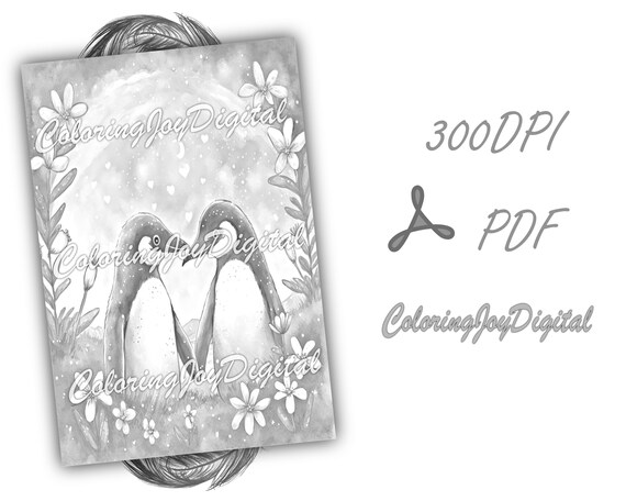 Penguins love coloring pages grayscale animal coloring sheet printable adult coloring pages coloring book pdf file digital coloring