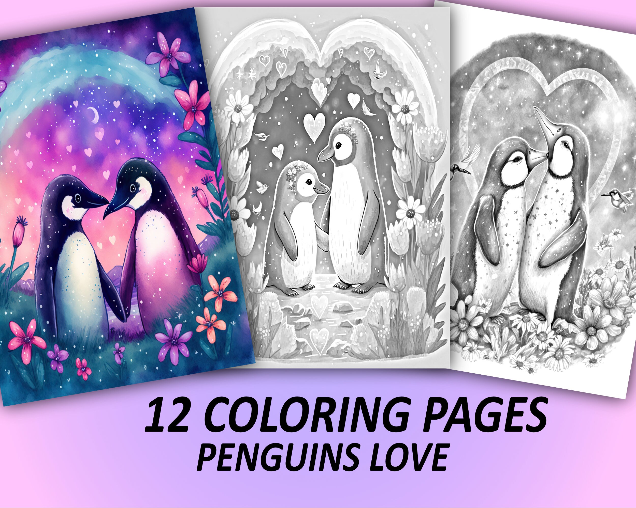 Penguins love coloring pages grayscale animal coloring sheet printable adult coloring pages coloring book pdf file digital coloring