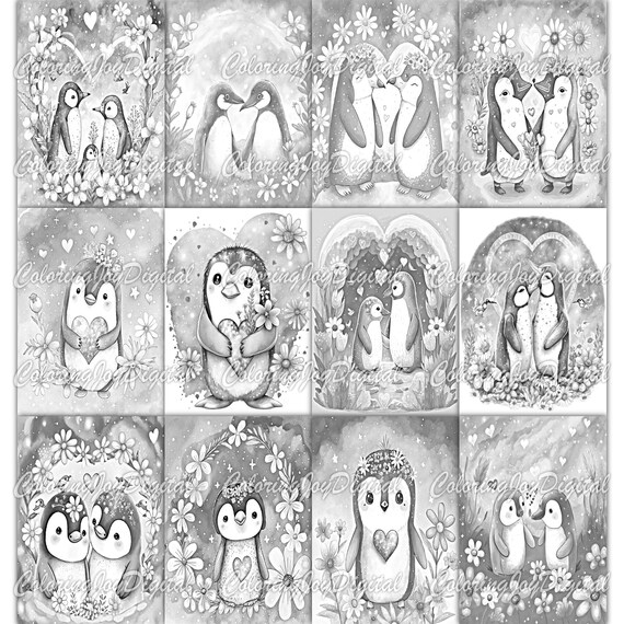 Penguins love coloring pages grayscale animal coloring sheet printable adult coloring pages coloring book pdf file digital coloring