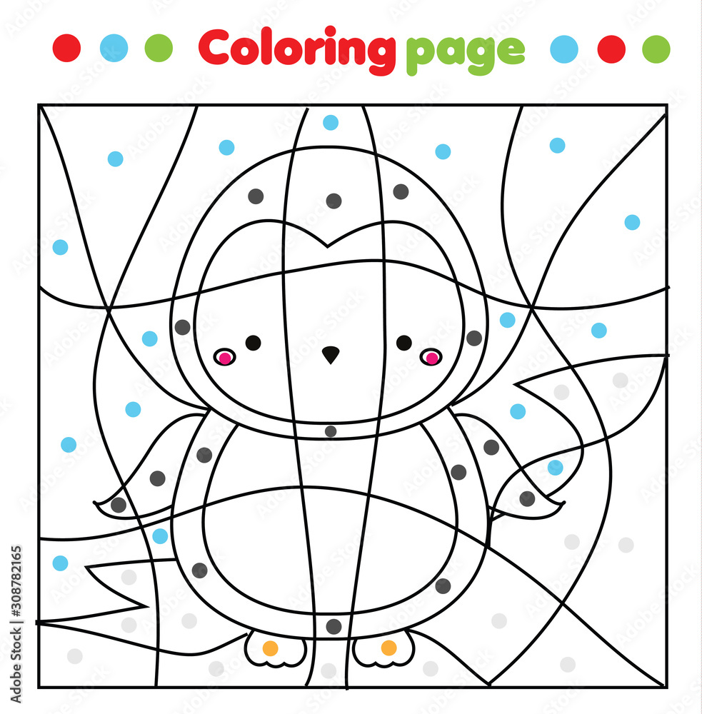 Cute penguin coloring page color by dots printable activity worksheet for toddlers and pre school age children educational game vector