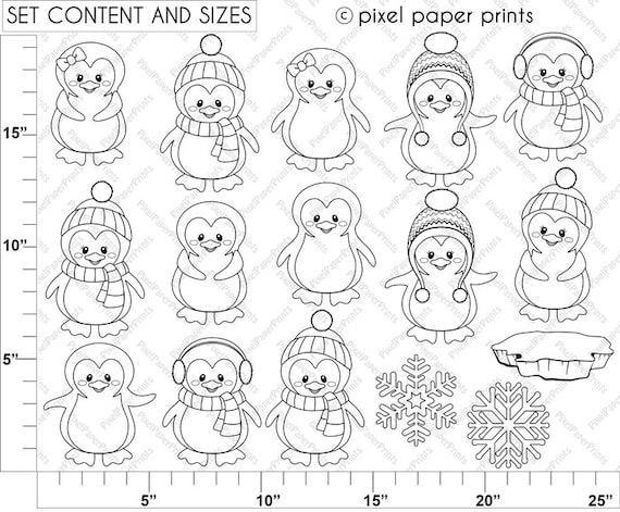 Cool penguins digital stamps clipart line art graphics to create coloring pages worksheets crafts more printable