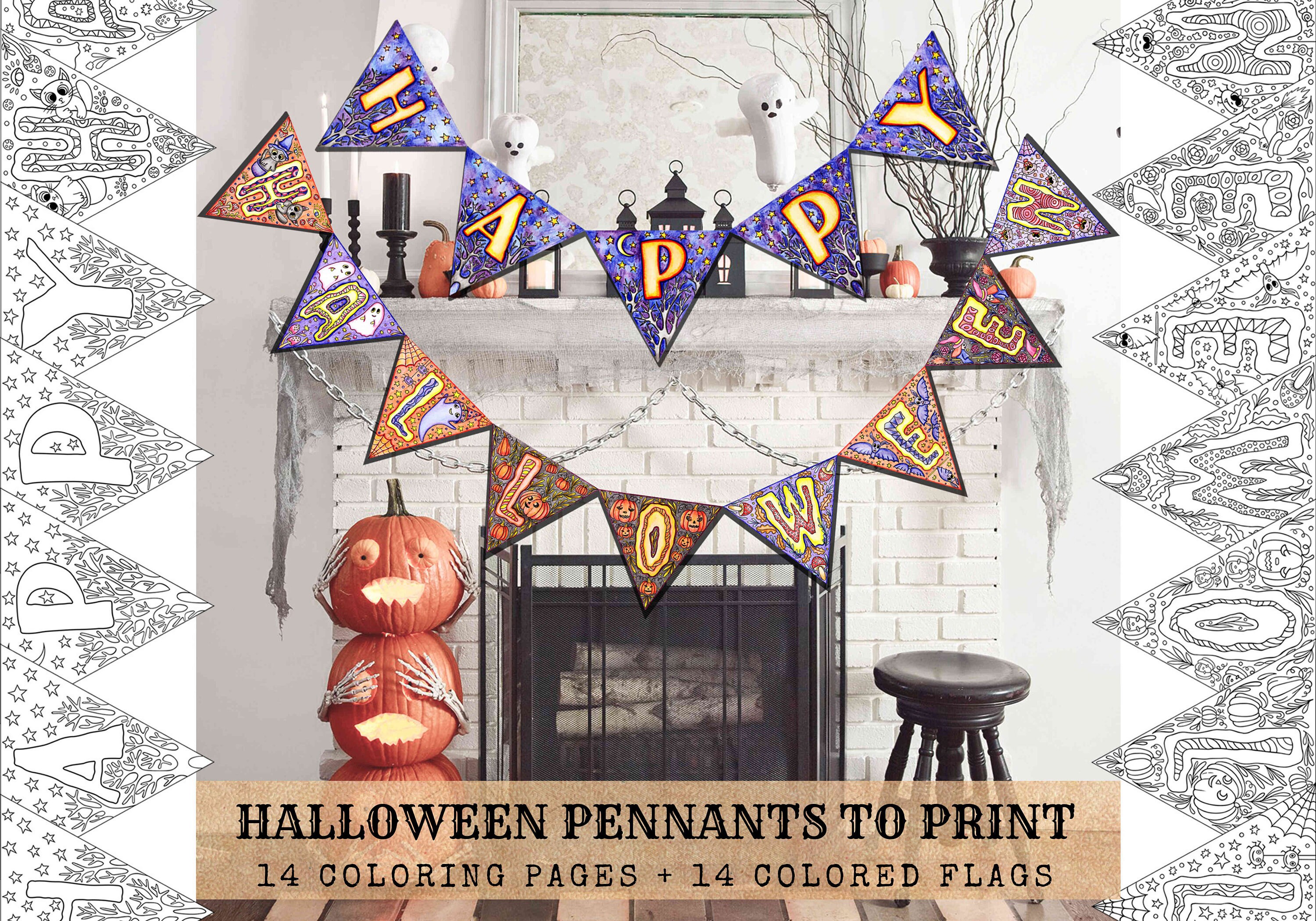 Halloween printable coloring pages for kids happy halloween pennants banner diy fall coloring book for adults spooky season flags digital