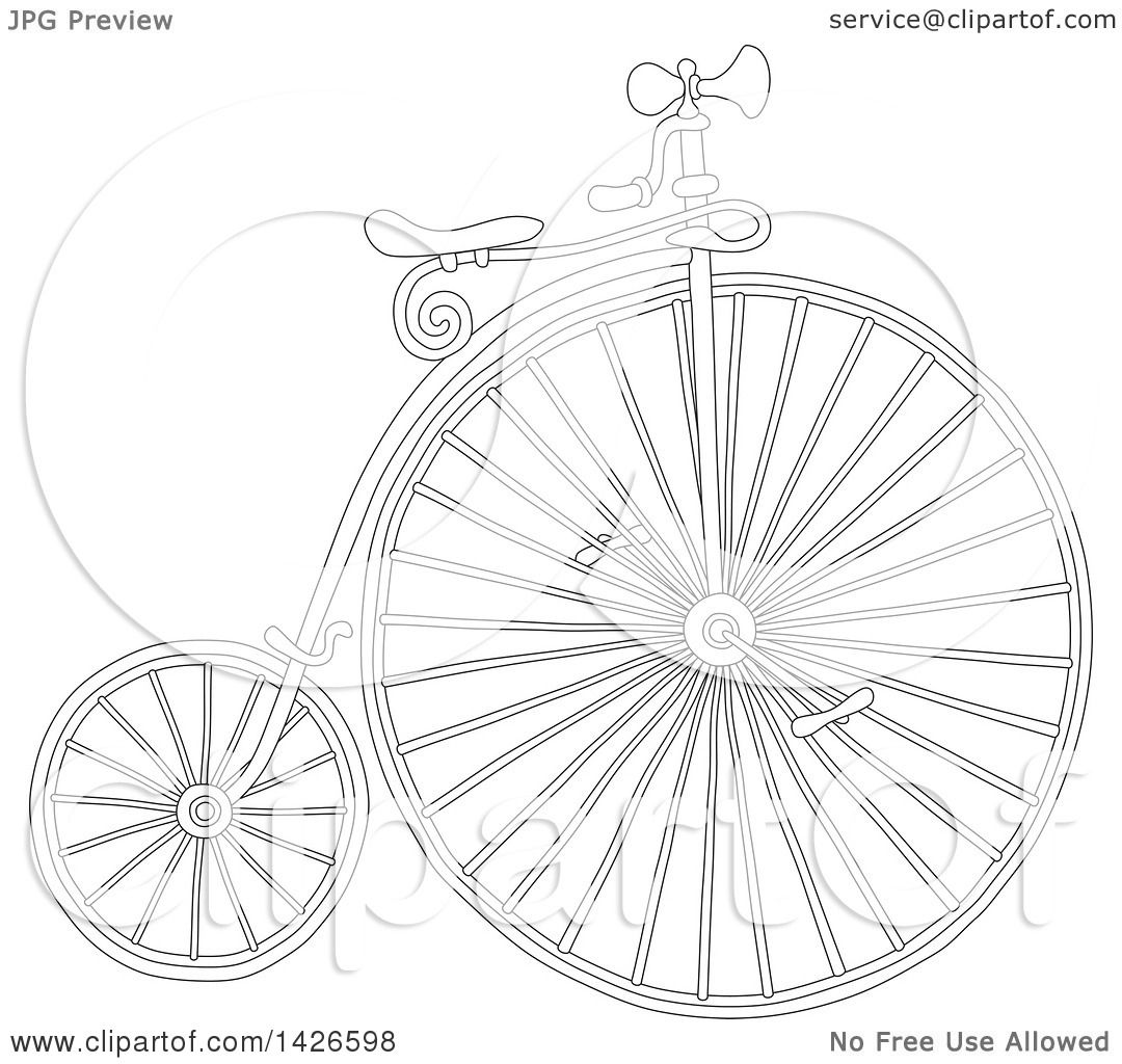 Clipart of a cartoon black and white lineart penny farthing bicycle