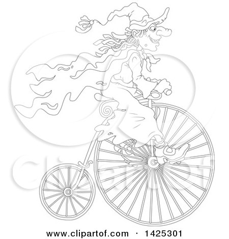 Clipart of a cartoon black and white lineart penny farthing bicycle