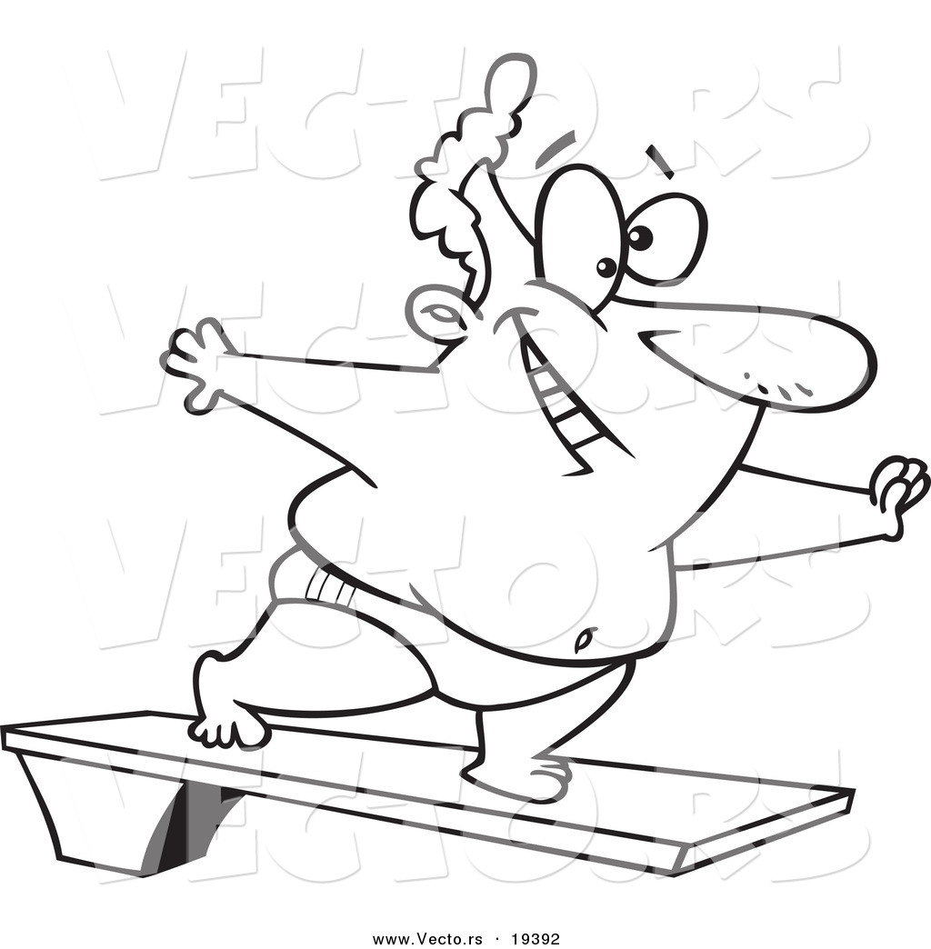 R of a cartoon chubby man on a diving board