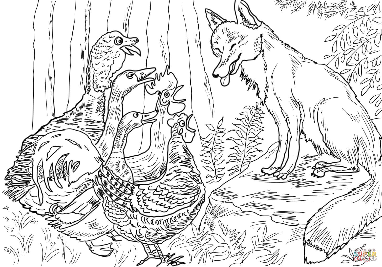 Birds and fox from henny penny coloring page free printable coloring pages