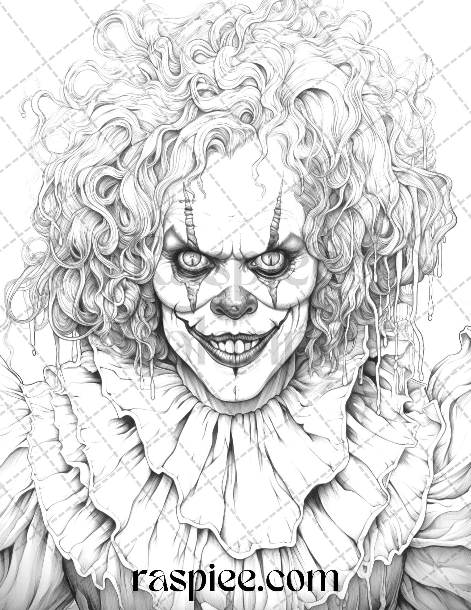 Spooky clowns grayscale coloring pages printable for adults pdf fi â coloring