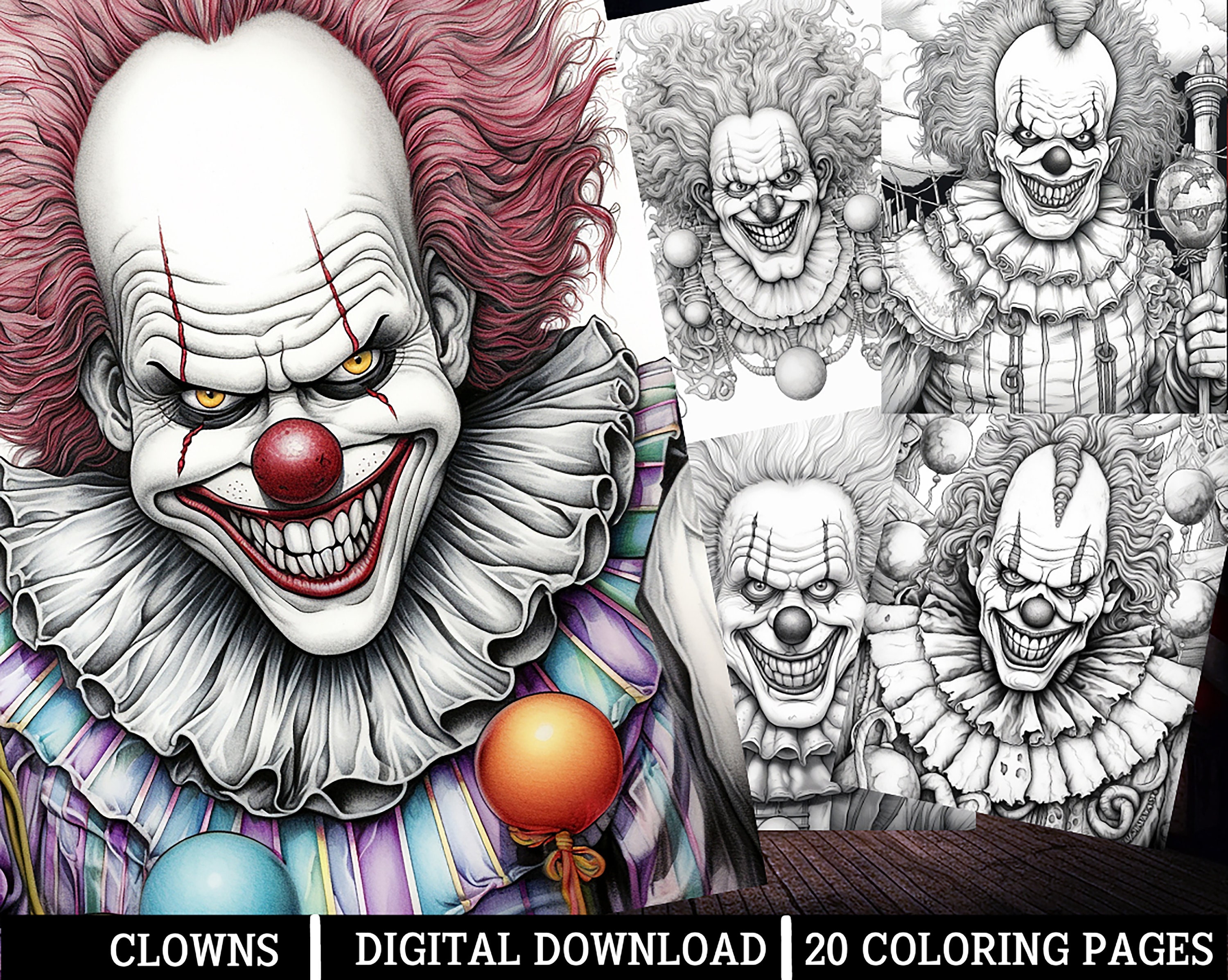 Psycho clowns coloring pagesfor adults instant download grayscale coloring page printable pngjpeg color grading horror themed art