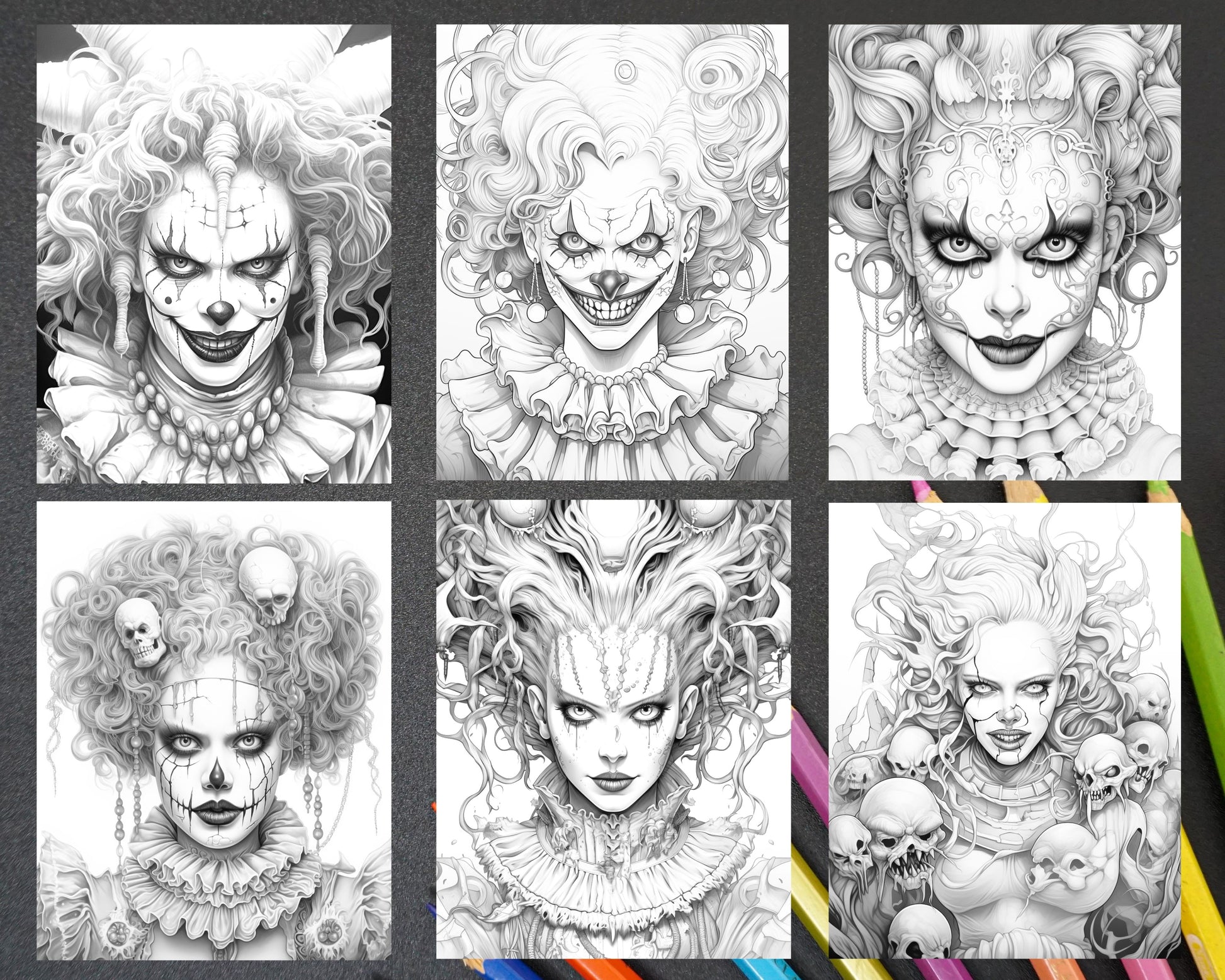 Scary clown girls grayscale coloring pages printable for adults pd â coloring