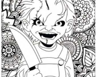 Printable halloween coloring pageinstant downloaddigital filefreakyscary doll wknife x printable