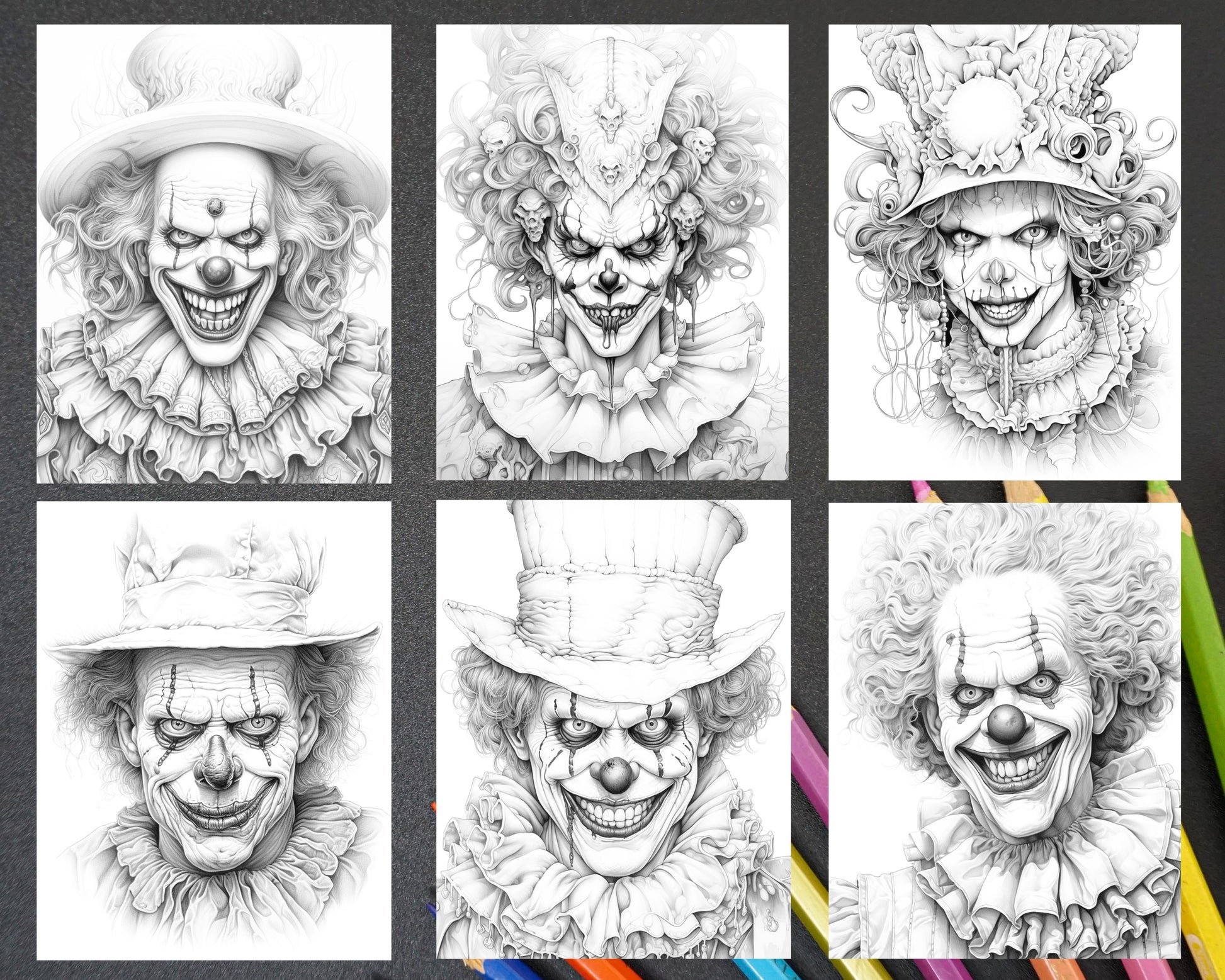 Spooky clowns grayscale coloring pages printable for adults pdf fi â coloring