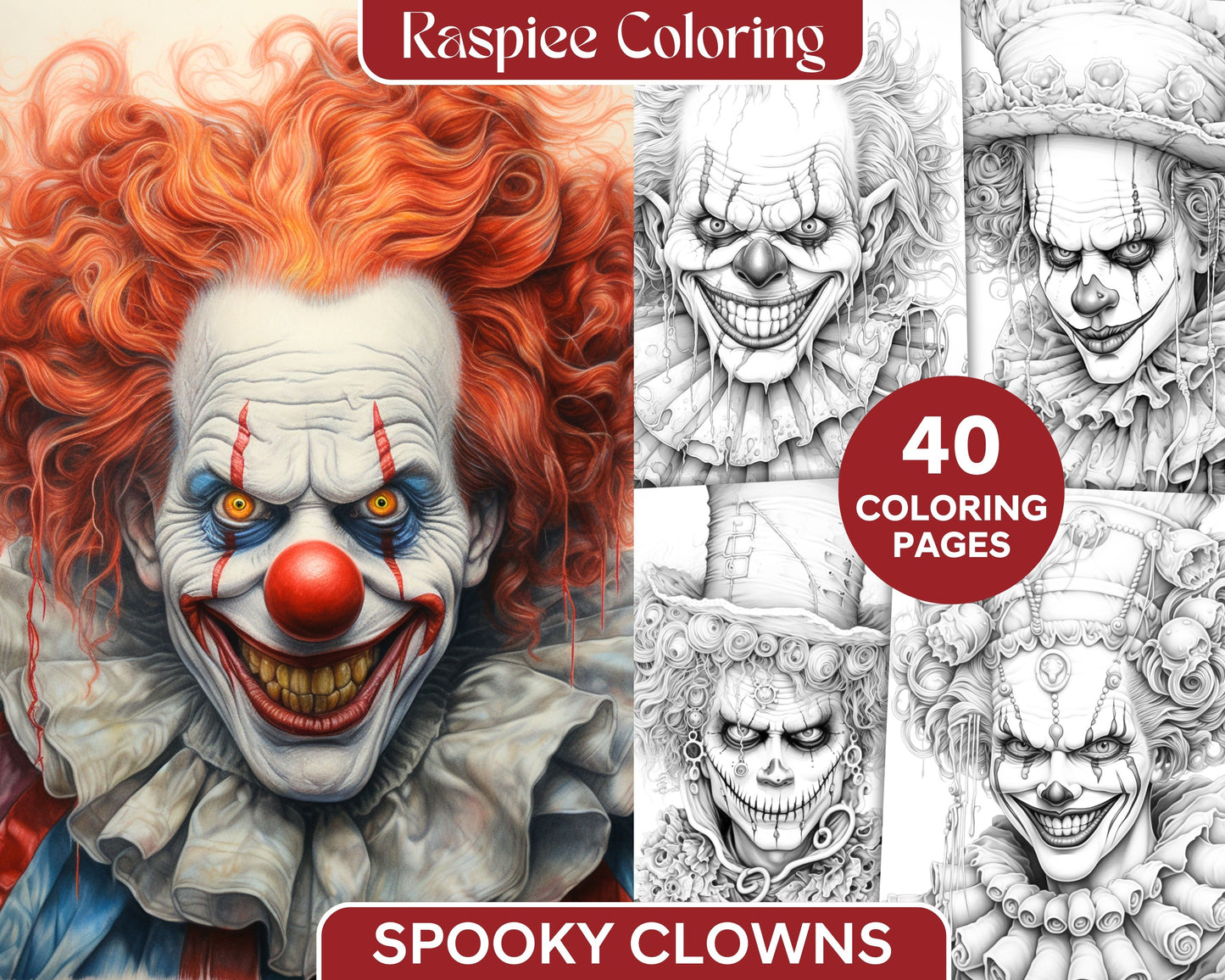 Spooky clowns grayscale coloring pages printable for adults pdf fi â coloring