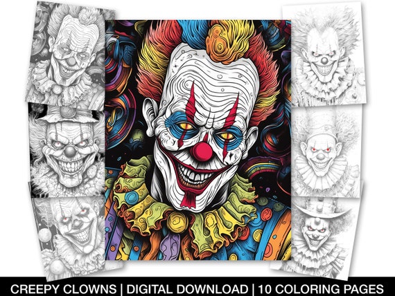 Creepy clowns coloring pages for adults printable psychedelic clowns psycho grayscale evil clowns coloring sheets instant download