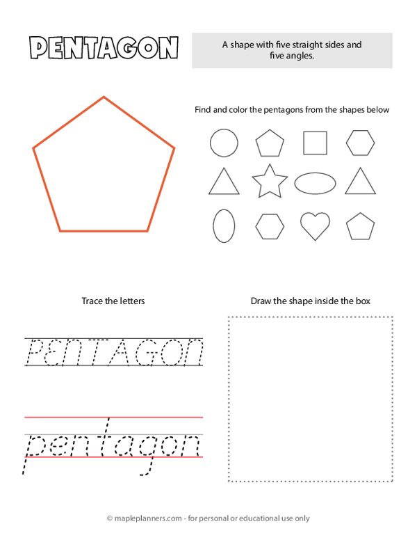 Pentagon shape tracing and coloring worksheet printable