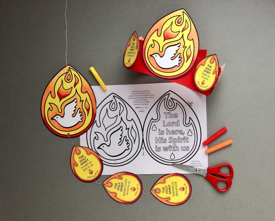 Pentecost holy spirit colour in and make mobile and headband with colouring page based on the bible story from acts download now