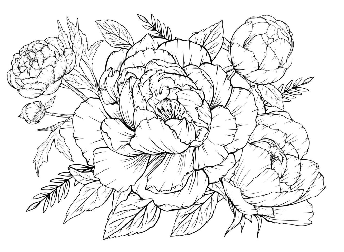 Coloring page with peonies and leaves vector page for coloring flower colouring page floral print outlinâ flower coloring pages peony drawing coloring pages