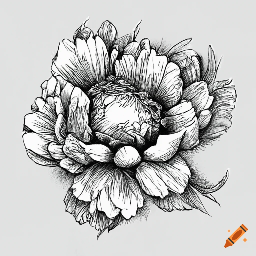 Black and white coloring page for kids peony flower bouqet on