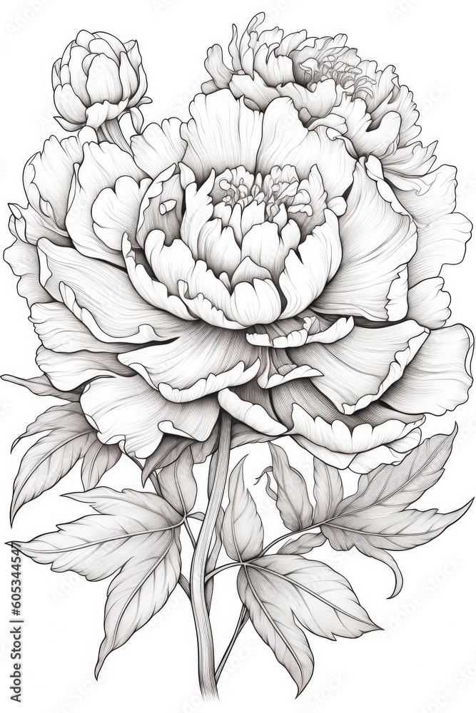 Outline pencil drawing beautiful peony coloring page cartoon digital illustration illustration