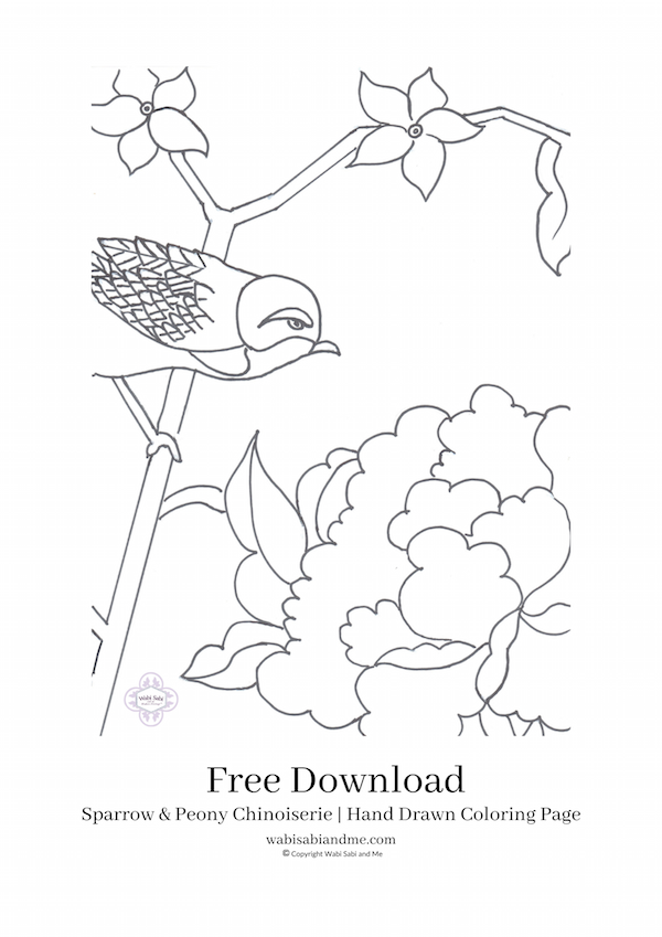 Sparrow and peony chinoiserie colouring art
