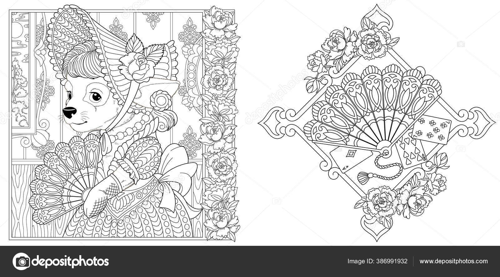Coloring pages chihuahua dog girl vintage dress paper fan peony stock vector by sybirko