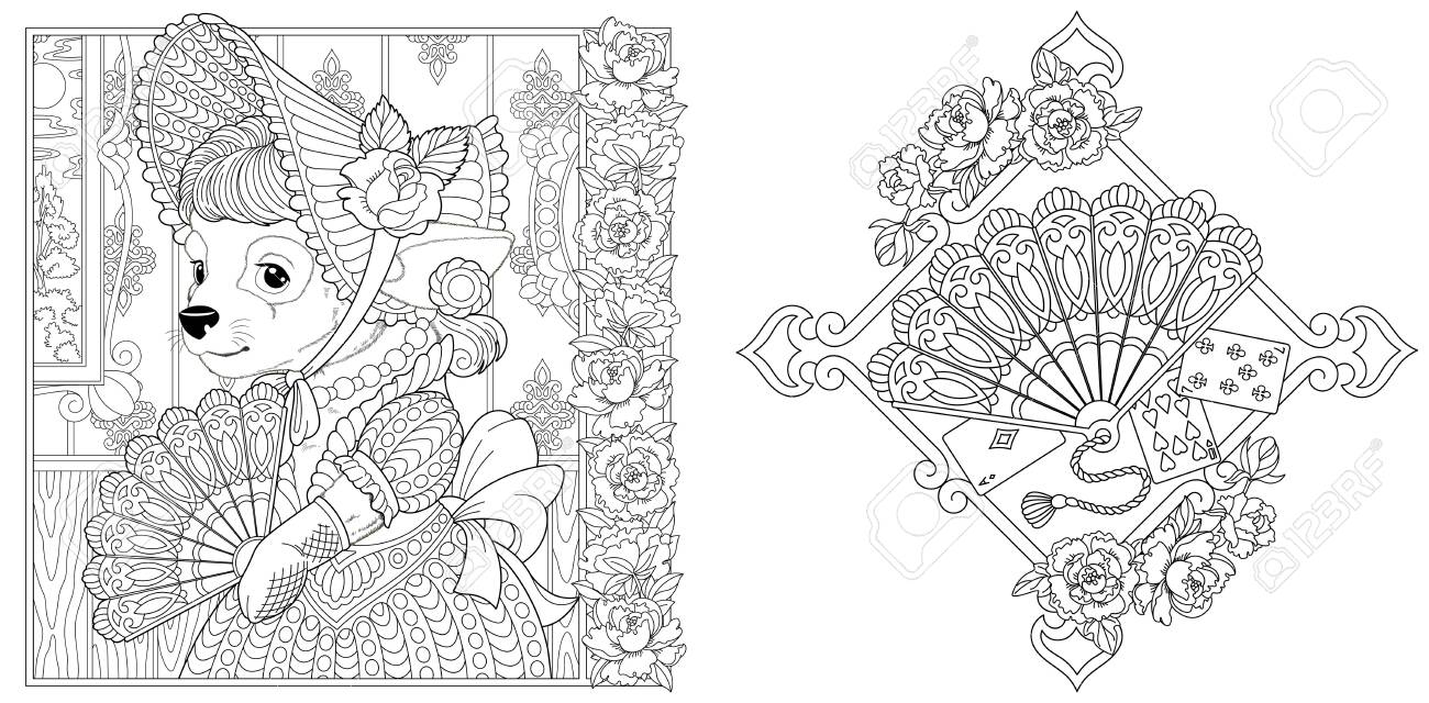 Coloring pages chihuahua dog girl in vintage dress paper fan with peony flowers line art design for adult colouring book with doodle and elements vector illustration royalty free svg cliparts vectors and