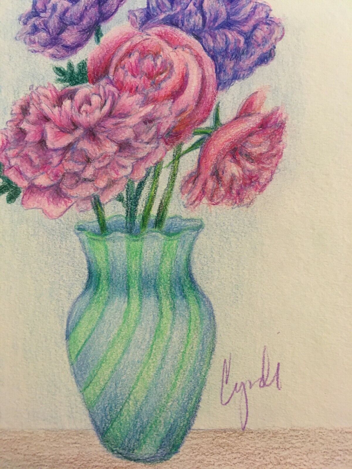 Colored pencil drawing pink and purple peony flowers in vase