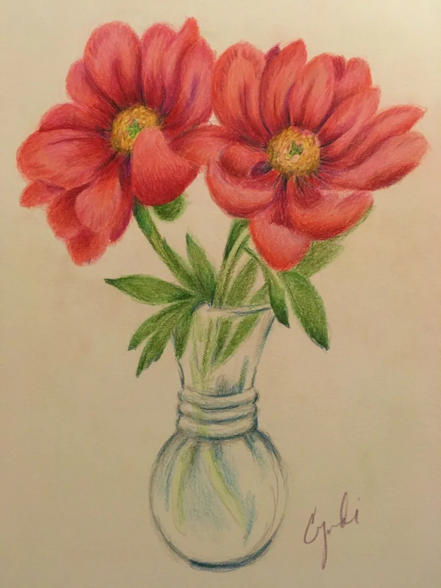 Original colored pencil drawing peony flowers