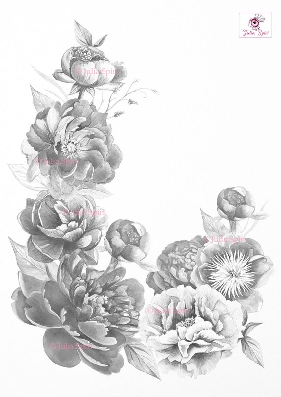 Grayscale coloring page digital stamp digi flower peony nature bouquet floral crafting scrap black white peonies