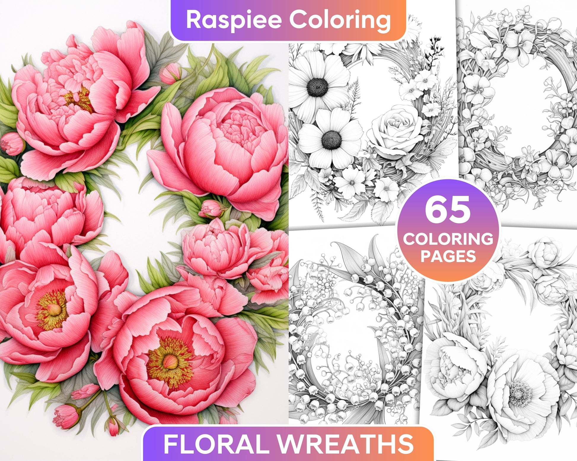 Spring floral wreaths grayscale adult coloring pages printable pdf â coloring