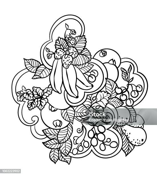 Coloring pages with fruits and abstract waves for children and adult people made in vector ornament style stock illustration