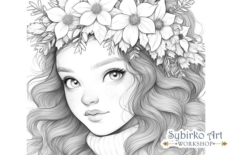 Winter floral girl coloring page adult coloring page