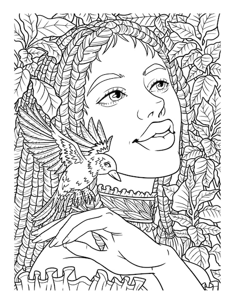 Premium vector afro american girl with bird adult coloring page