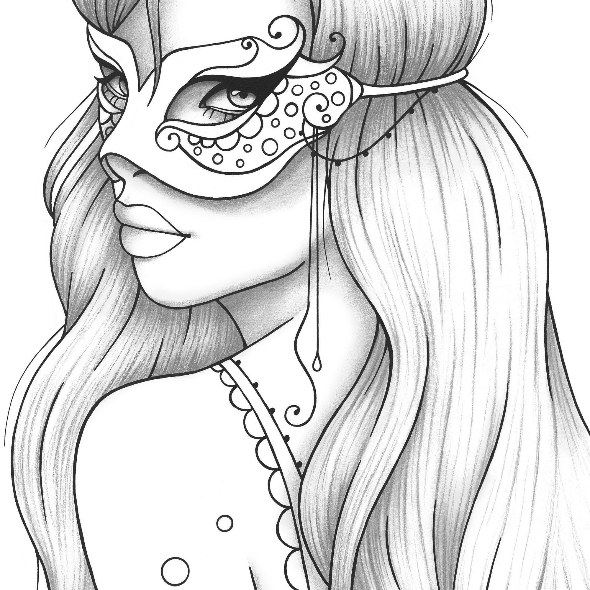 Printable coloring page girl portrait and mask colouring sheet fashion pdf adult anti