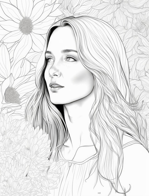 Premium photo beautiful girl among flowers coloring book image generative ai