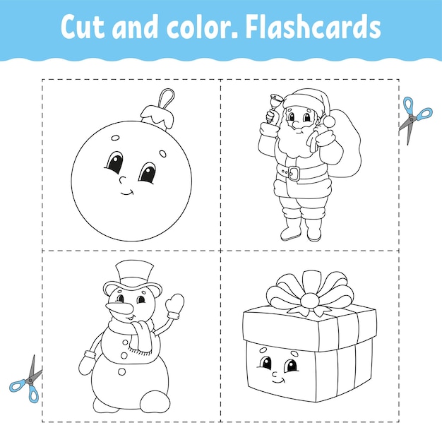 Premium vector cut and color flashcard set coloring book for kids cute cartoon character christmas theme