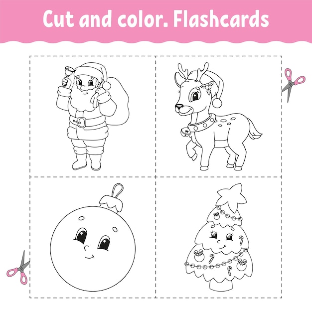 Premium vector cut and color flashcard set coloring book for kids cute cartoon character black contour silhouette christmas theme isolated on white background