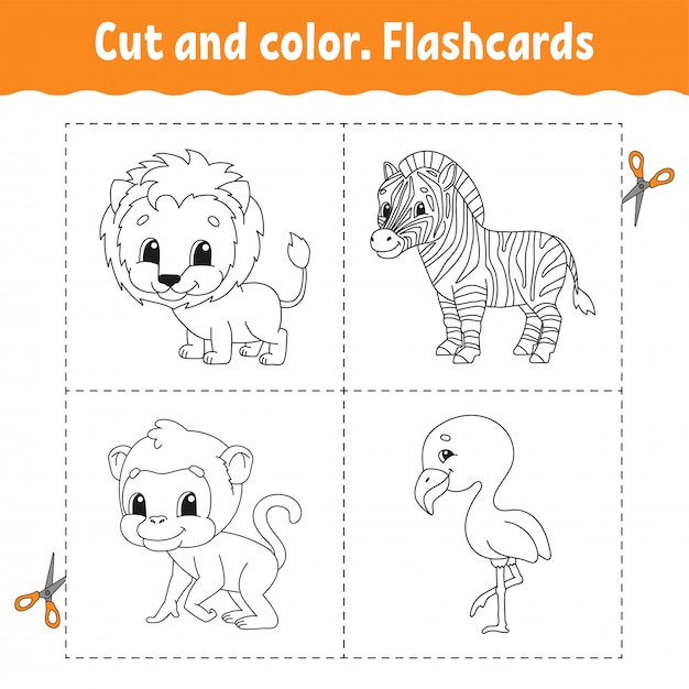 Premium vector cut and color flashcard set flamingo lion zebra monkey coloring book for kids