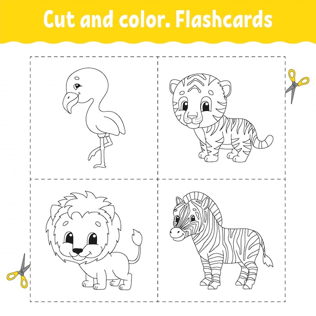 Premium vector cut and color flashcard set flamingo tiger lion zebra coloring book for kids